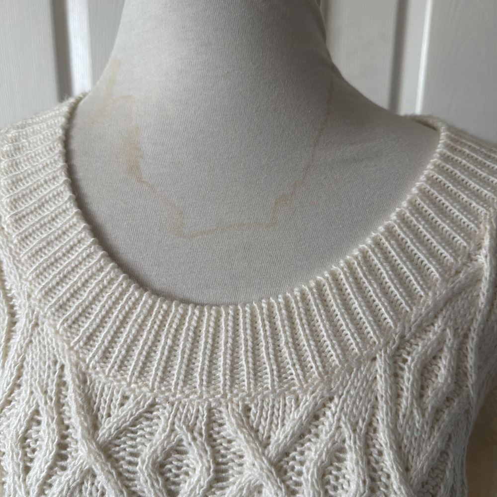 Cream Cable Pointelle Open Knit Sweater Womens  M 3/4 Sleeve Scoop Neck  a.n.a - Picture 2 of 13
